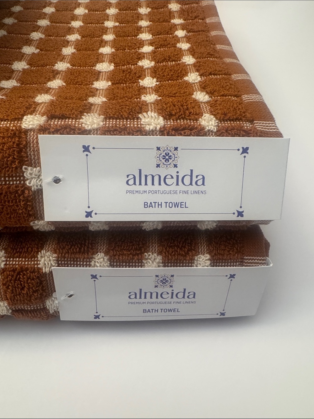 6pc ALMEIDA Premium Portuguese Fine Linens Bath Towel Set - Grid -Rust/Cream - Picture 2 of 12